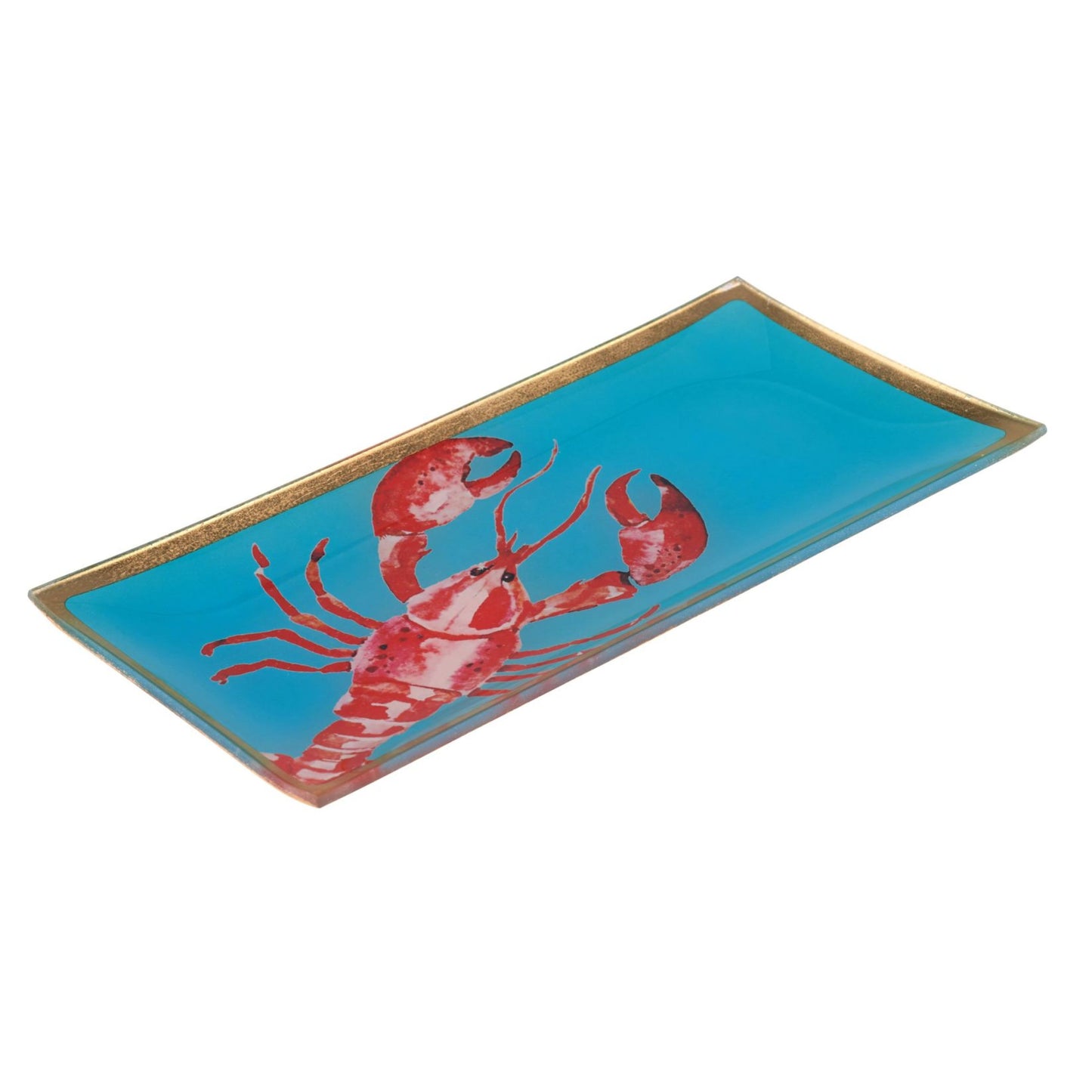Vide-poche en verre avec homard rouge sur fond bleu avec bords dorés.