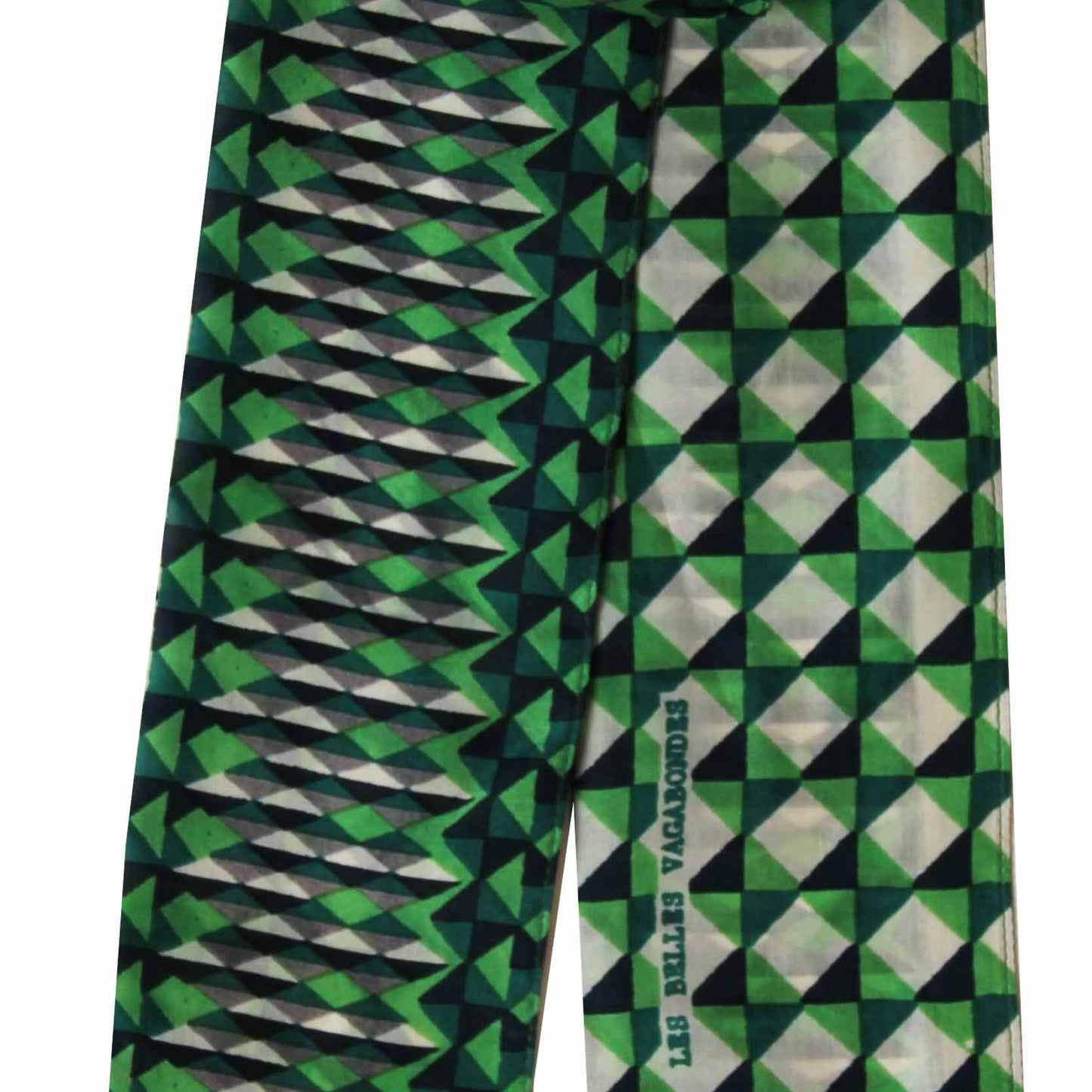 Bandeau en soie avec un motif géométrique, dans les tons vert clair, vert foncé et gris.