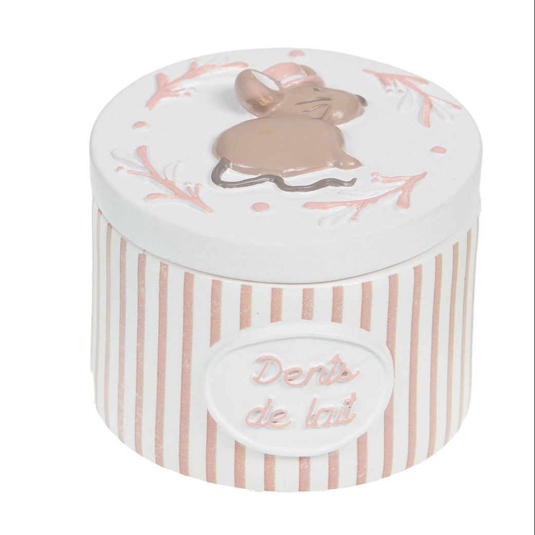 Boîte à dents avec rayures rose pastel avec petite souris et inscription "dents de lait"