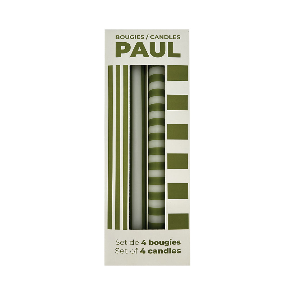 Bougies à rayures en set de 4, avec rayures différentes sur chaque bougie, coloris vert.