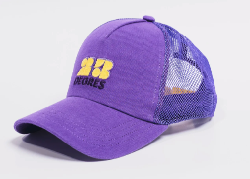 Casquette violet modèle Sunshine avec logo brodé jaune, forme trucker avec filet.