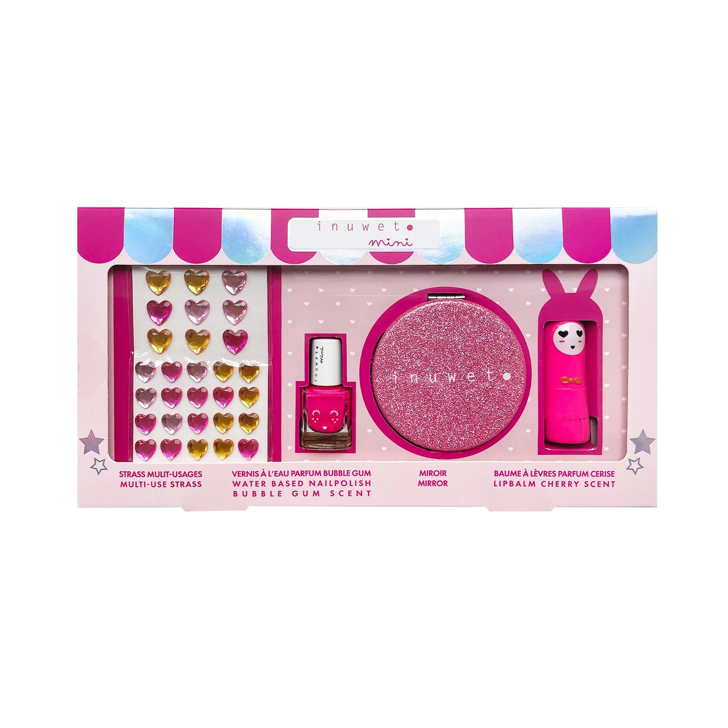 Coffret beauté avec un baume cerise, un vernis fraise, des strass coeurs et un miroir de poche.