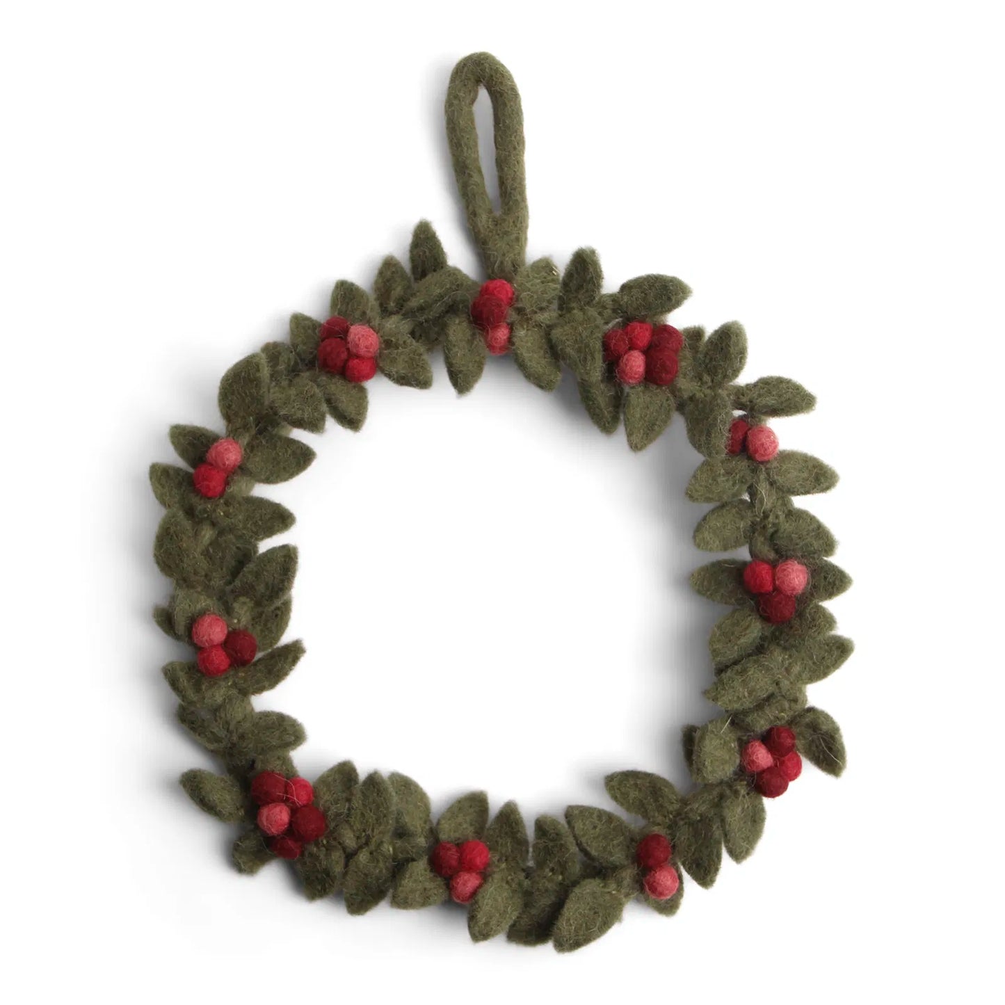 Couronne de baies rouges et feuilles vertes en laine.