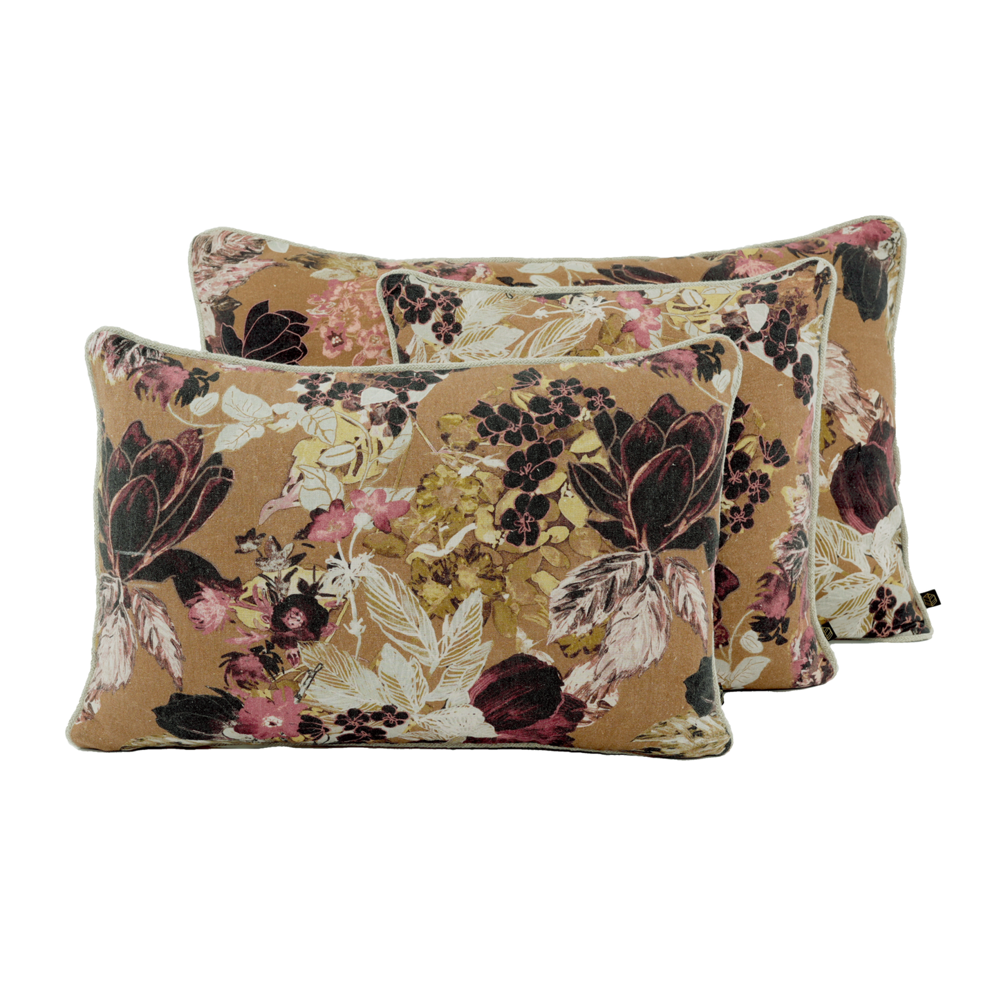 Coussin carré en lin, housse avec imprimé floral dans les tons gold, violet et rose.