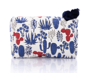 Trousse de toilette en coton imprimé avec zip et pompons