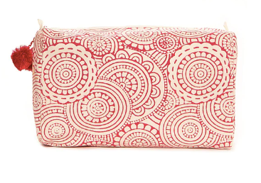 Trousse de toilette en coton imprimé avec zip et pompons