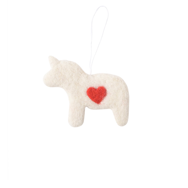 Décoration de Noël en laine feutrée à suspendre en forme de cheval Dala, blanc et rouge.