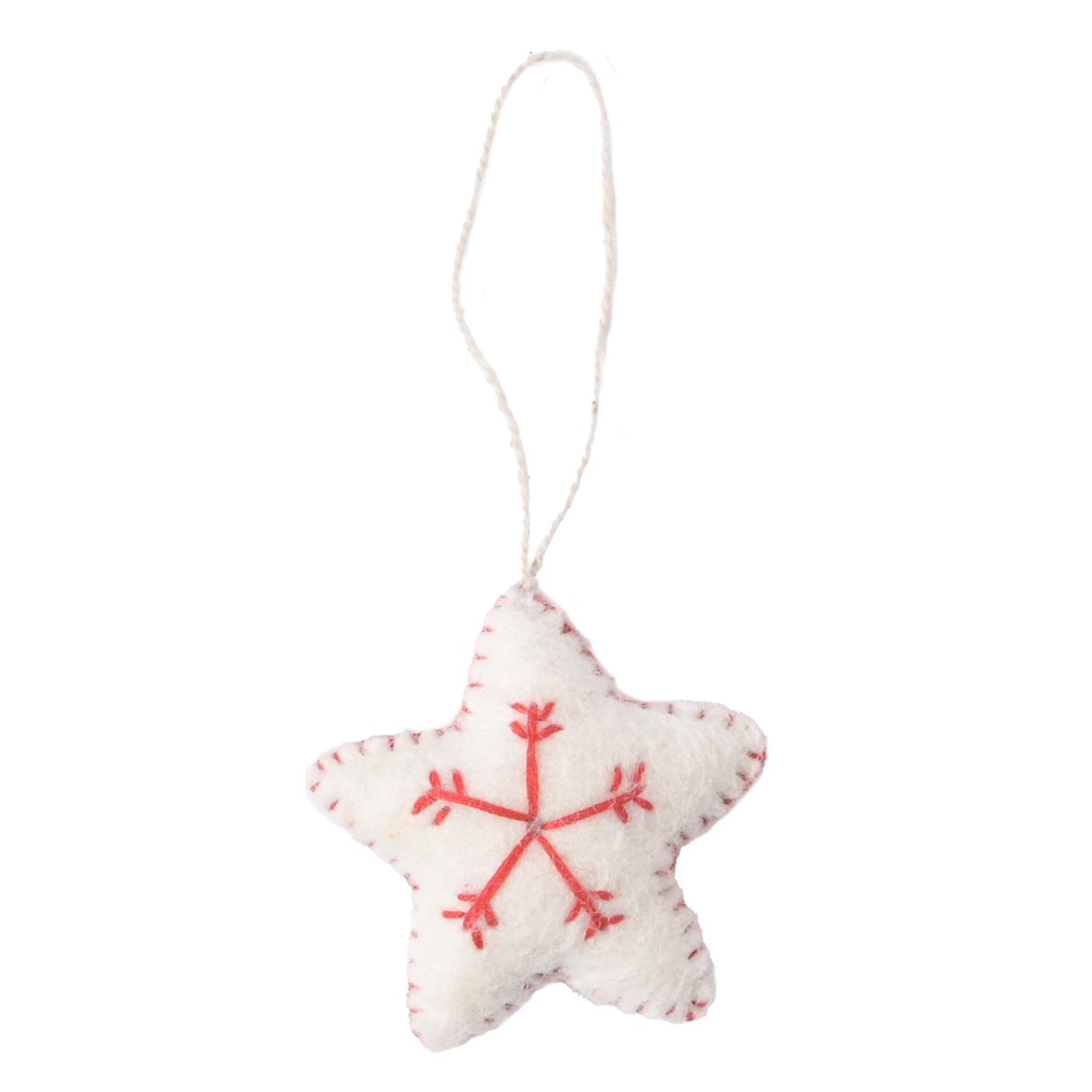 Décoration de Noël en laine feutrée à suspendre en forme d'étoile, blanc et rouge.