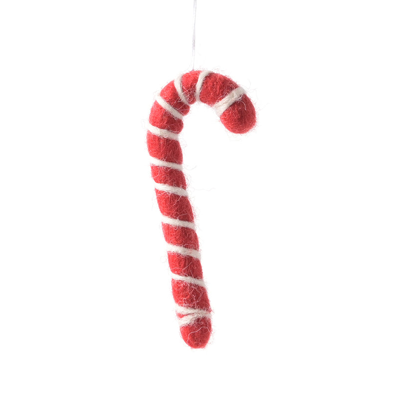 Décoration de Noël en laine feutrée à suspendre en forme de sucre d'orge, blanc et rouge.