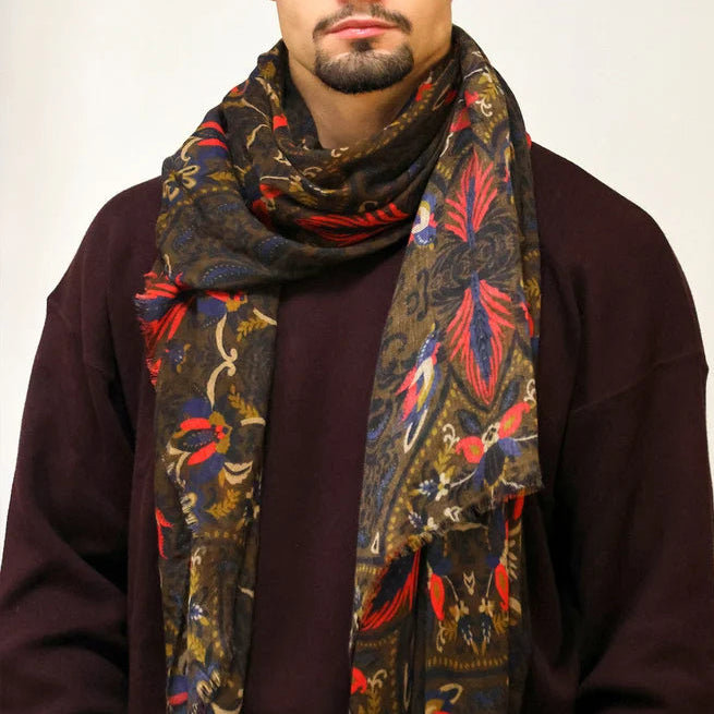 Foulard en laine mélangée à motif arabesques, différents coloris