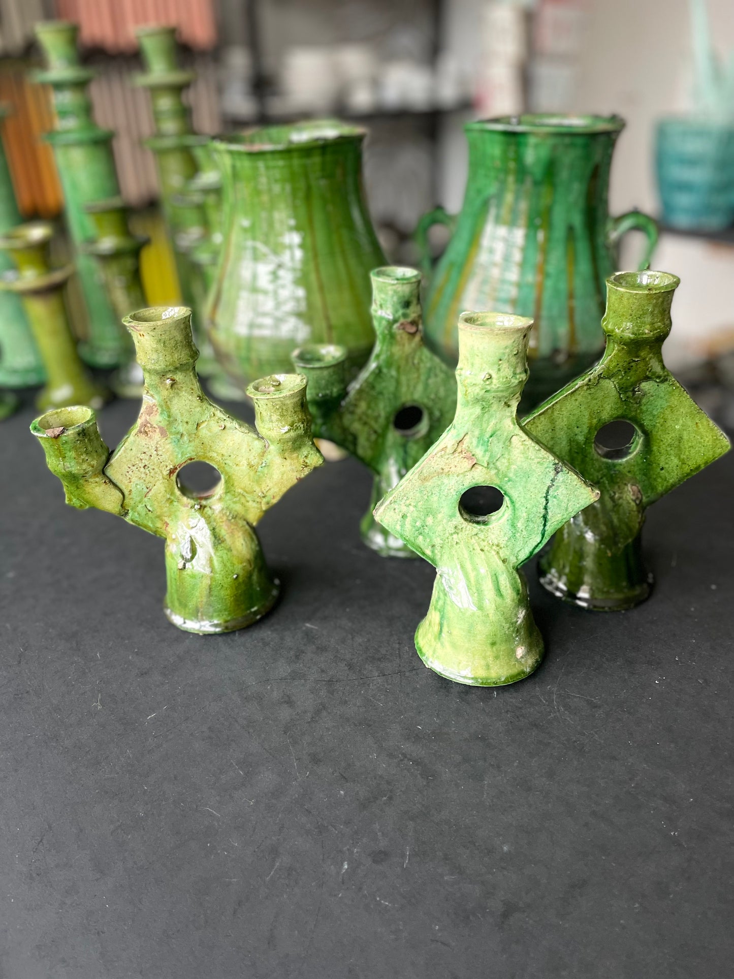 Bougeoir triangle 3 branches en poterie traditionnelle de Tamegroute