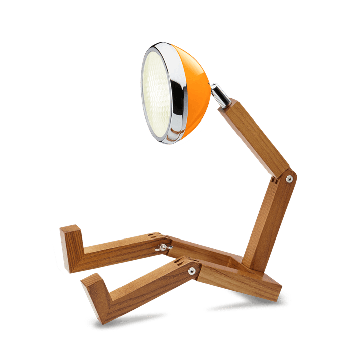 Lampe à poser en forme de bonhomme articulé avec un phare à la place de la tête, coloris orange.