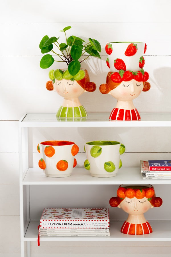Cache pot en poterie en 2 parties fille orange ou citron vert
