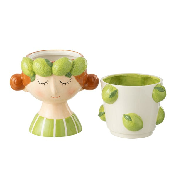 Cache pot en poterie en 2 parties fille orange ou citron vert