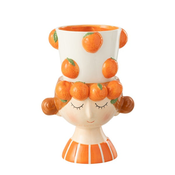 Cache pot en poterie en 2 parties fille orange ou citron vert