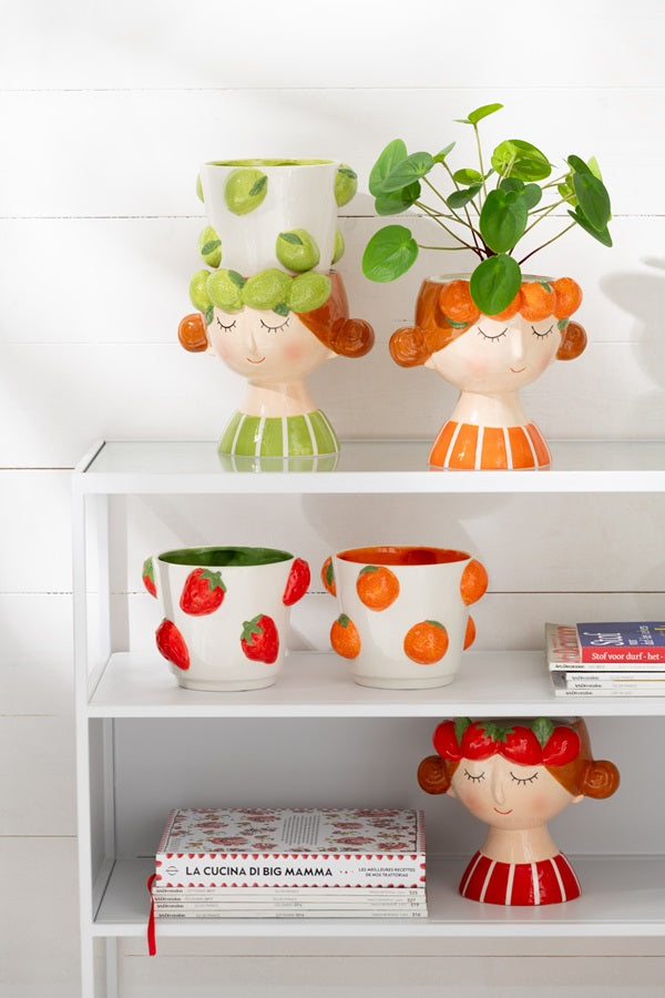 Cache pot en poterie en 2 parties fille orange ou citron vert