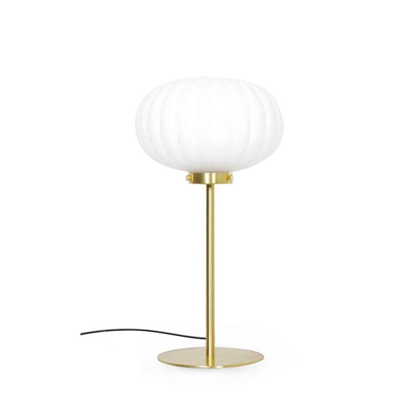 lampe à poser au pied doré et globe verre blanc