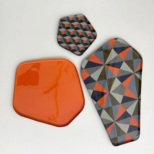 Plateaux vintage "Diamant" bleu et orange (set de 3)