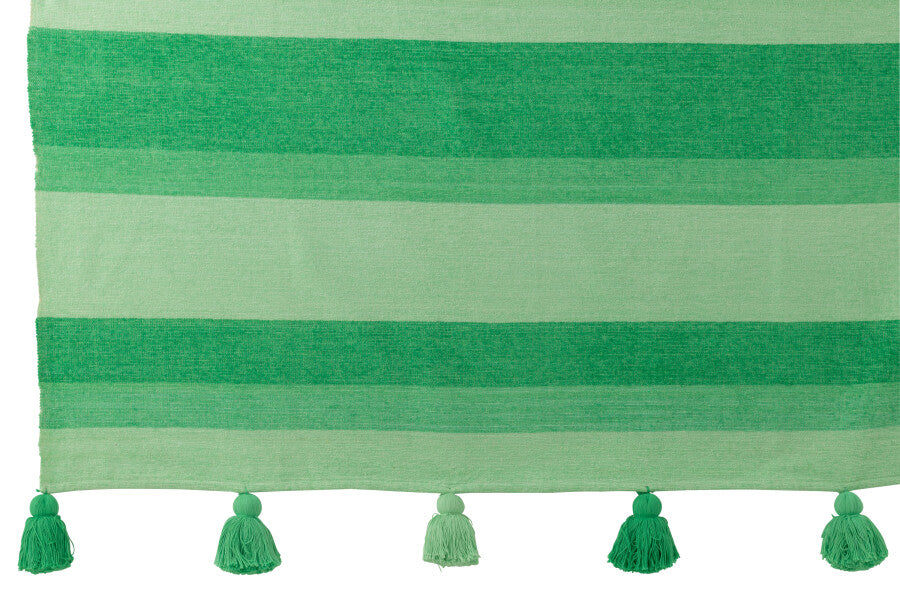 Plaid en coton à rayures et gros pompons vert