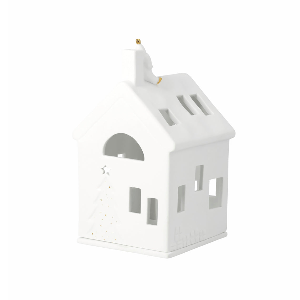Maison photophore en porcelaine avec un petit Père Noël attendant sur le toit.