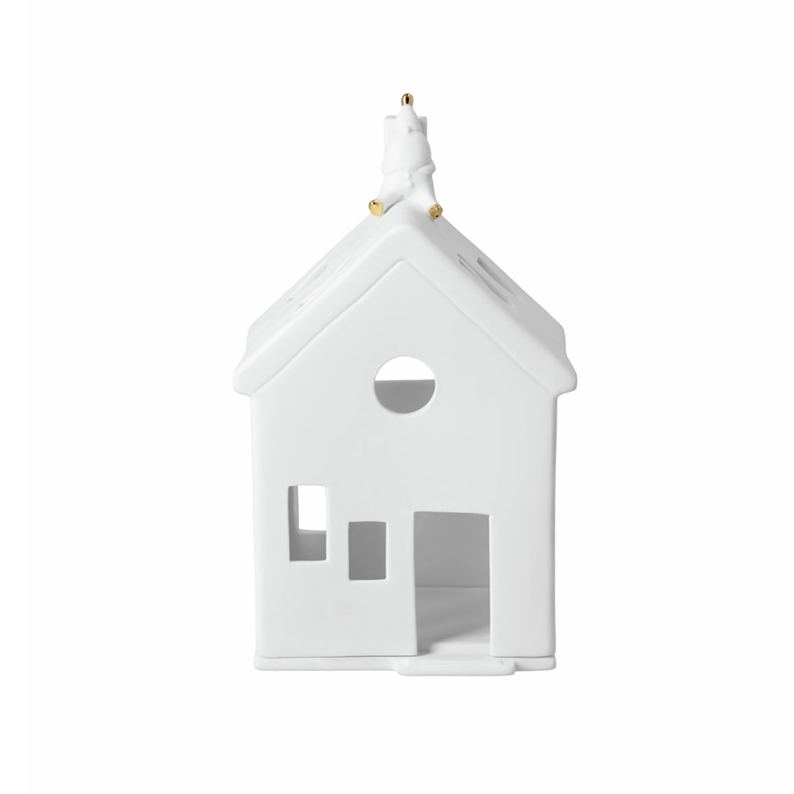 Maison photophore en porcelaine avec un petit Père Noël attendant sur le toit.