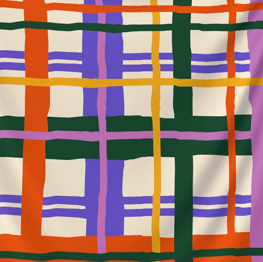 Motifs grands carraeux, style écossais, coloris orange, violet, vert, et jaune sur fond blanc.