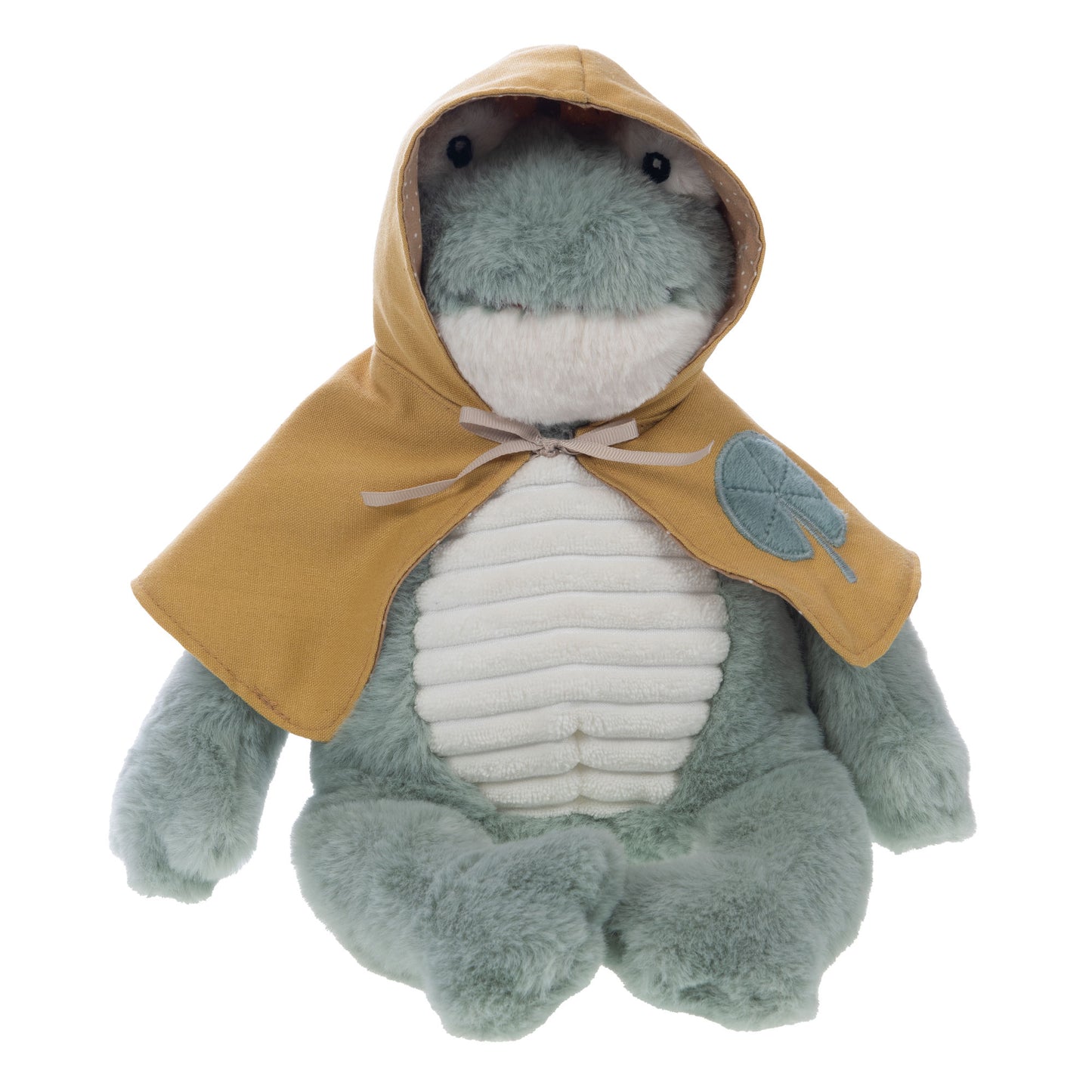 Peluche toute douce en forme de grenouille avec une cape jaune.