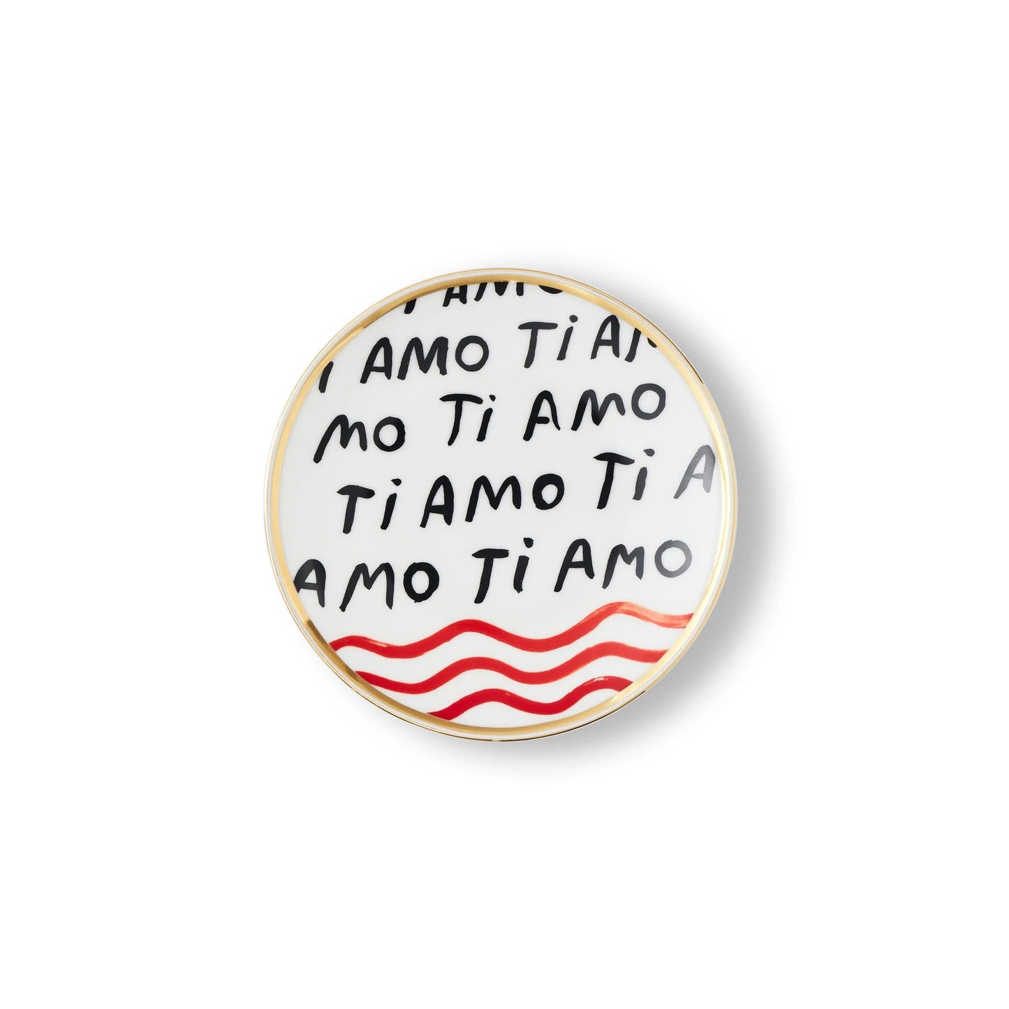 Petite assiette blanche Bitossi, inscription "ti amo" en noir de façon répétée avec vagues rouges et avec bord doré.