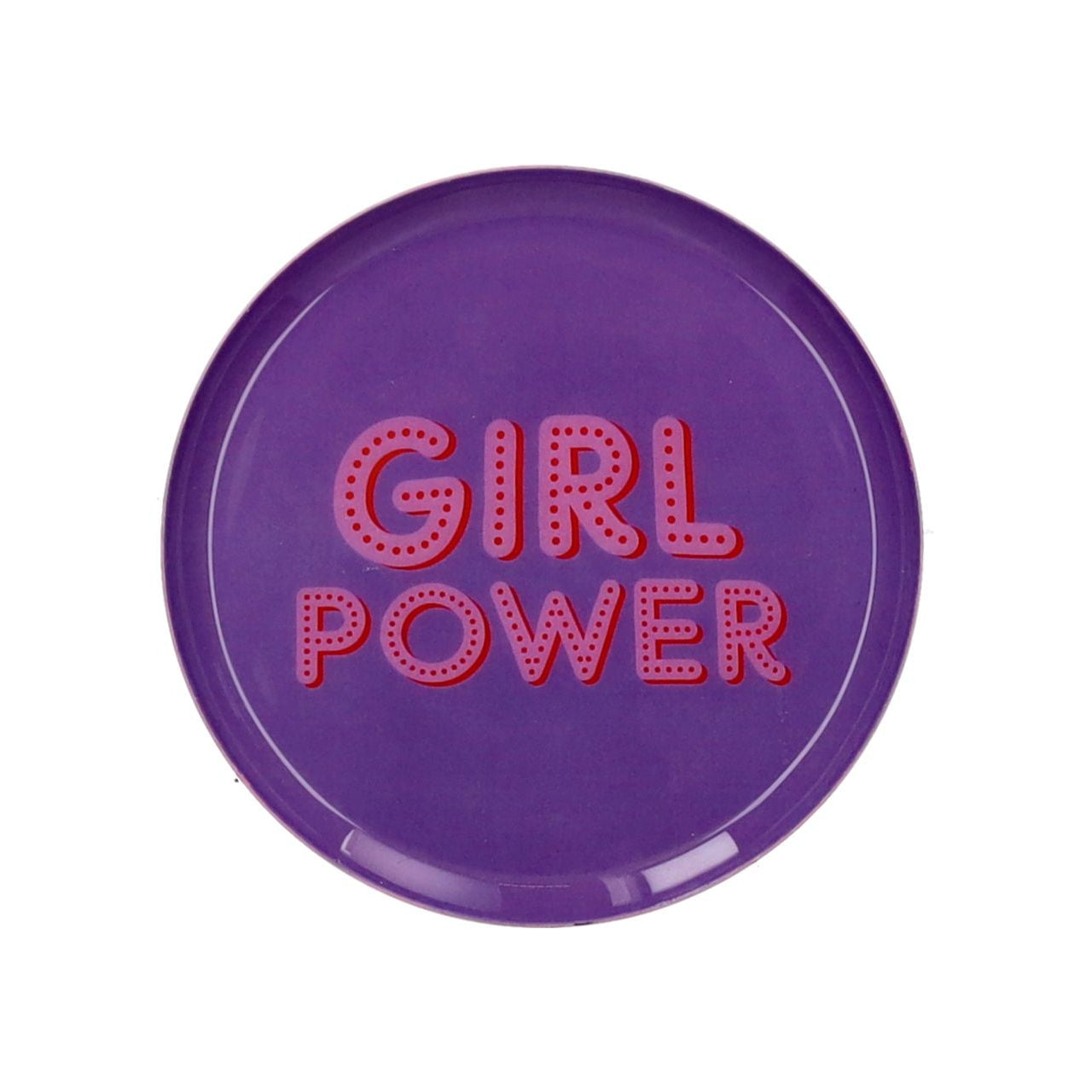 Petit plateau rond ou vide-poche avec message "Girl Power" rose sur fond violet.