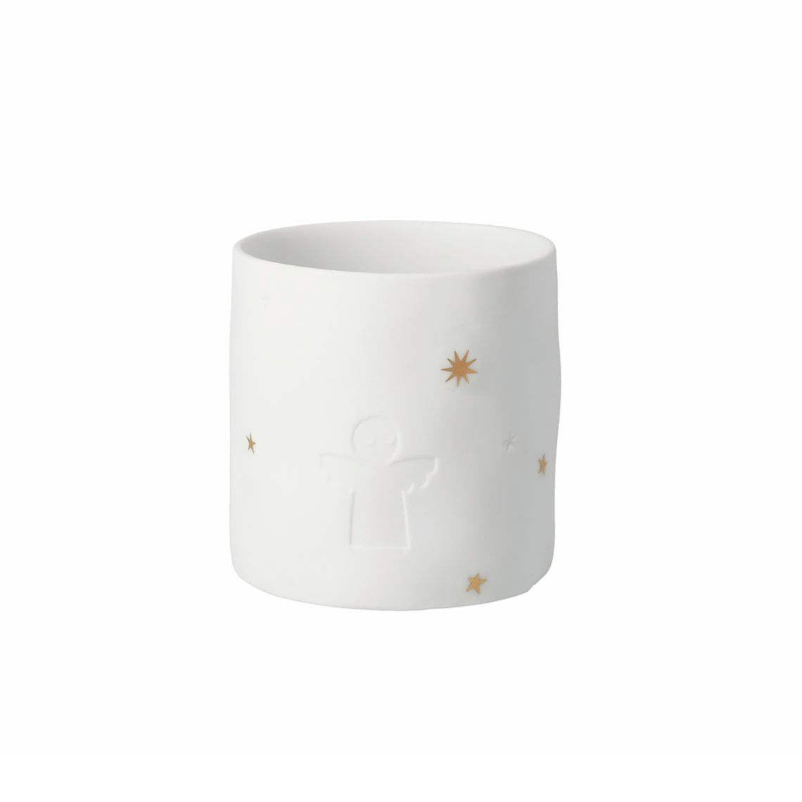 Photophore rond en porcelaine avec un détail d'ange gaufré et des étoiles dorées.