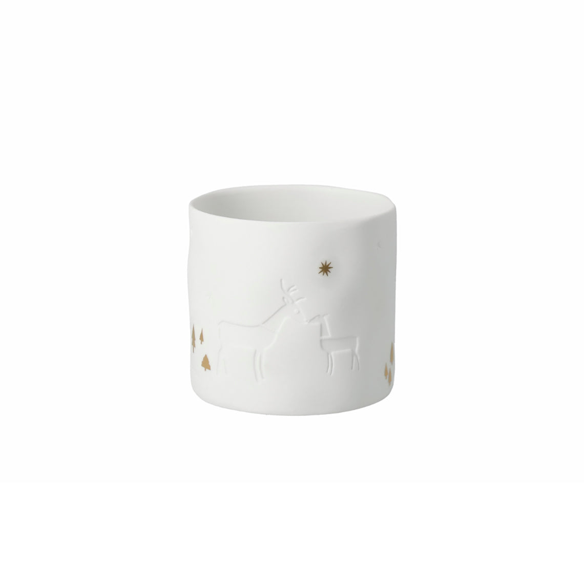 Photophore rond en porcelaine avec un détail de cerfs gaufrés et des étoiles et sapins dorées.