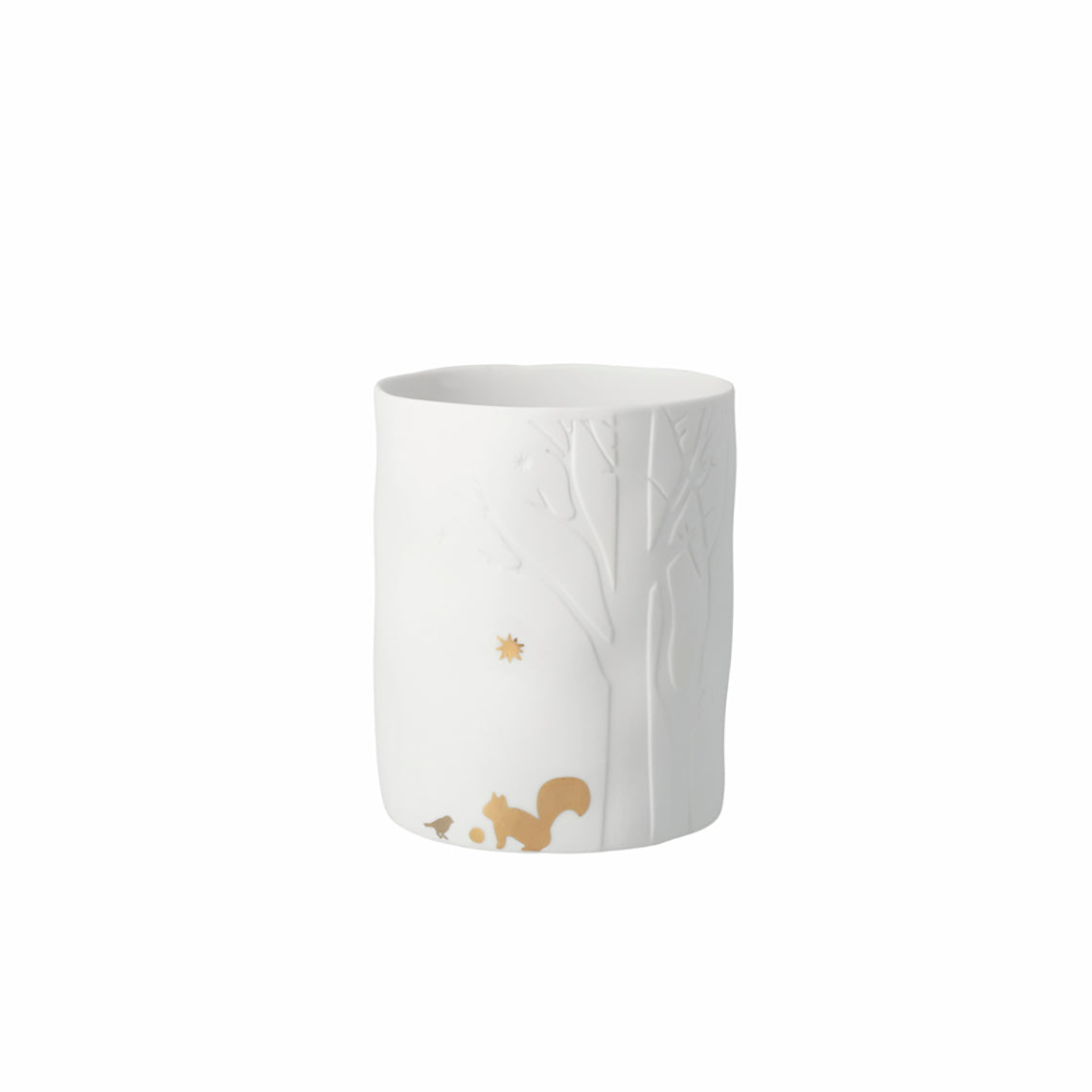 Photophore rond en porcelaine avec un détail d'arbre gaufrés et des écureuils dorées.