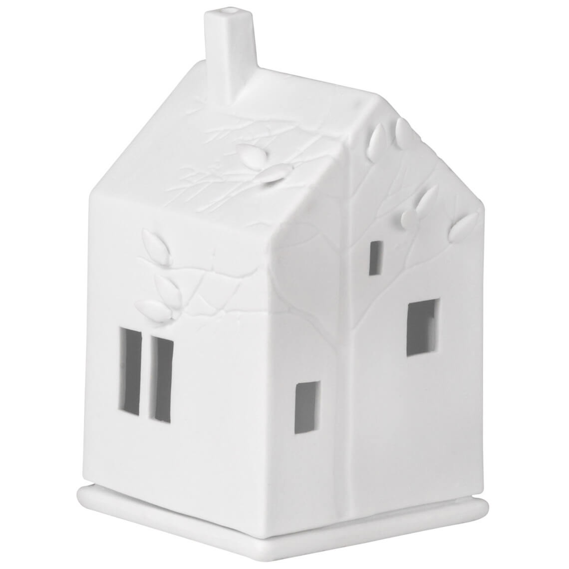 Photophore en porcelaine blanche en forme de maison avec un arbre en façade, sur fond blanc.