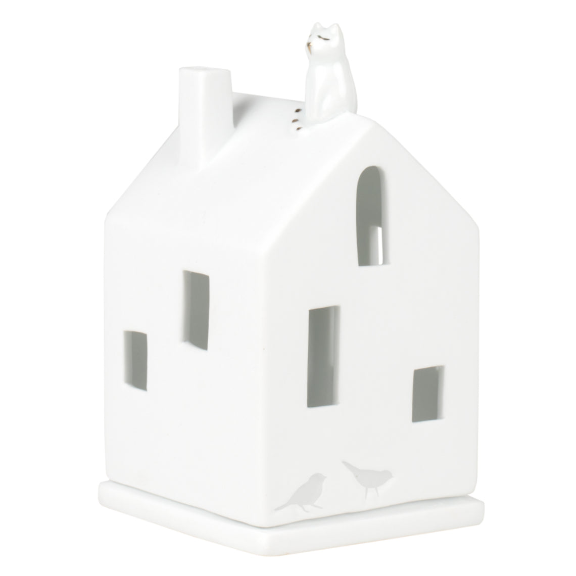 Photophore en porcelaine blanche en forme de maison avec un chat sur le toit, sur fond blanc.