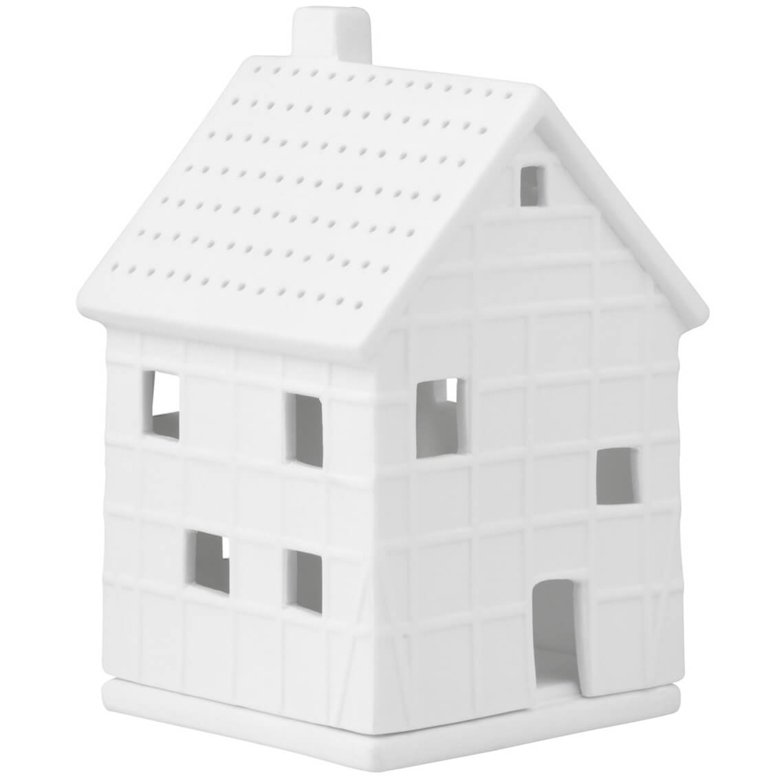 Photophore en porcelaine blanche en forme de maison à colombage, petit modèle sur fond blanc.