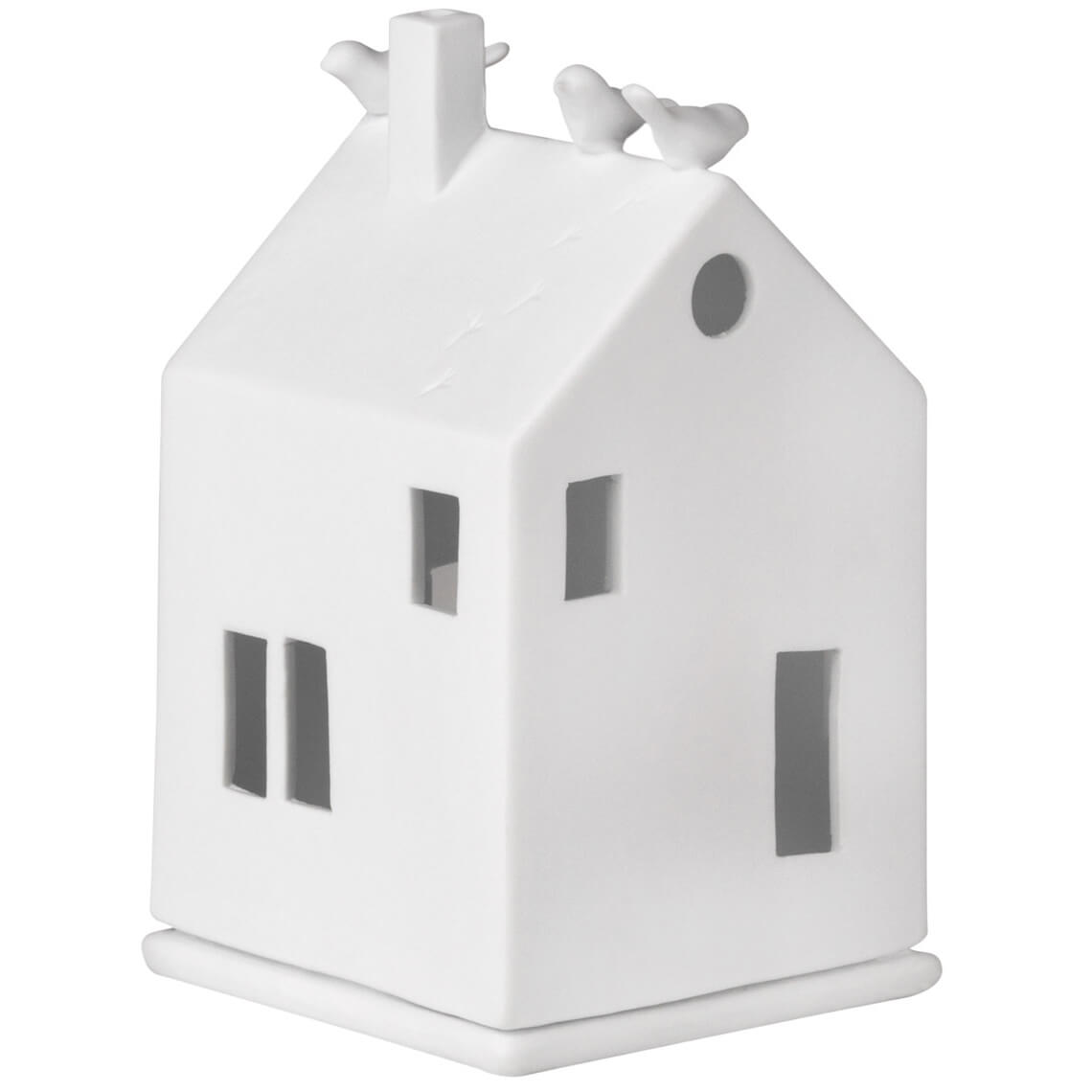 Photophore en porcelaine blanche en forme de maison avec des oiseaux sur le toit.