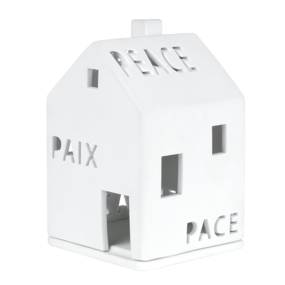 Photophore en porcelaine blanche en forme de maison avec écrit le mot "Paix" en plusieurs langues.