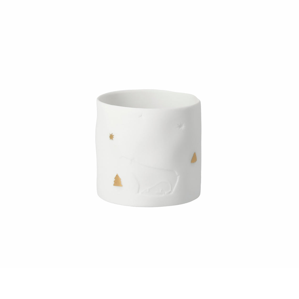 Photophore rond en porcelaine avec un détail d'ours gaufré et des étoiles et sapins dorées.