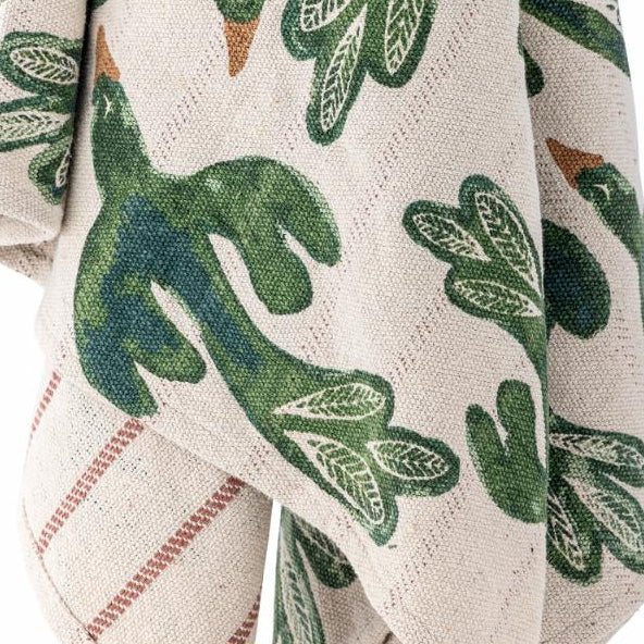 Plaid en coton recyclé, motif oiseaux verts