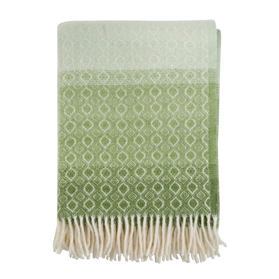 Plaid en laine d'agneau avec des motifs blancs sur un fond dégradé vert.