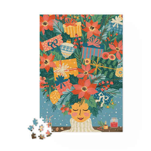 Puzzle de 1000 pièces représentant des fleurs, cadeaux et autres symboles de Noël.