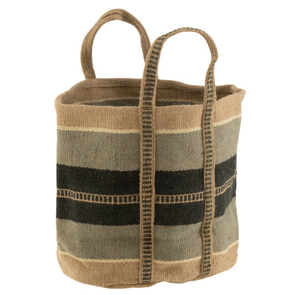 Panier rond avec motifs et anses en jute naturel et bleu