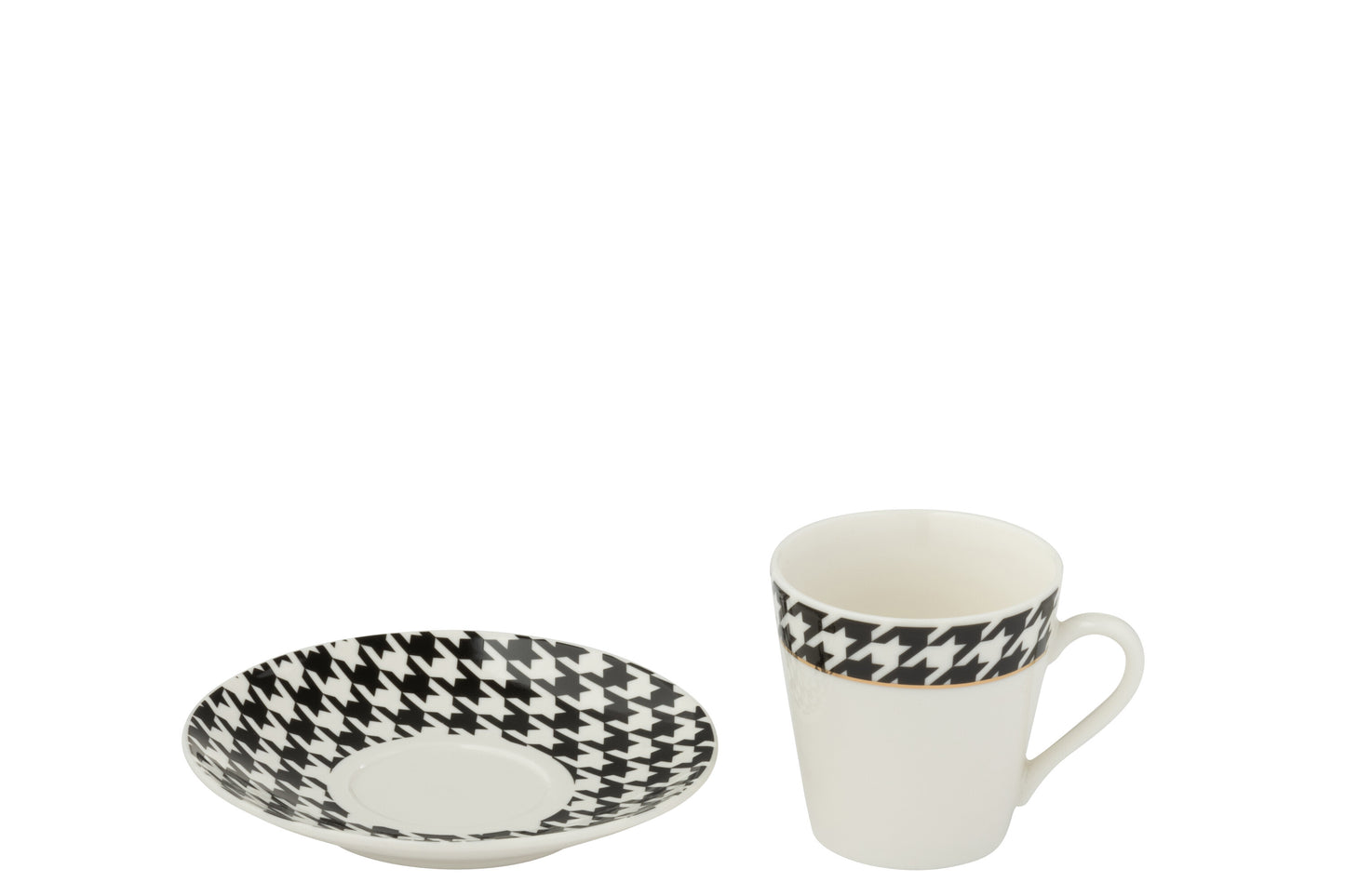 Tasses et sous-tasse assortie au motif pied-de-poule noir et blanc.