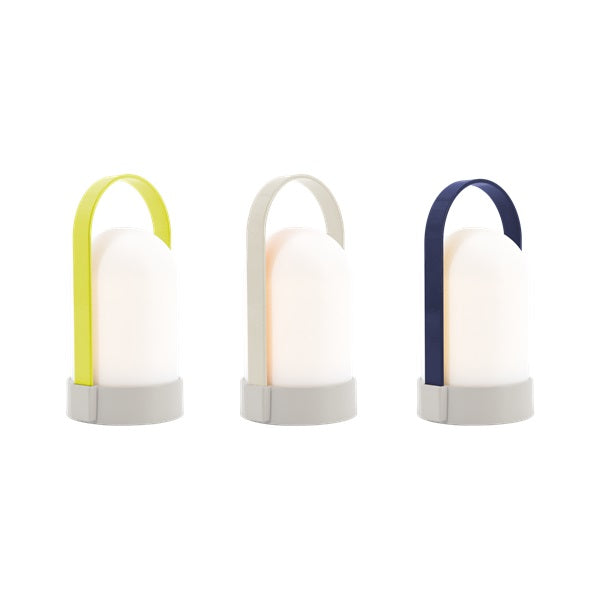 Trio de lampes baladeuses LED rechargeables en trois coloris : vert anis, gris clair et bleu marine.