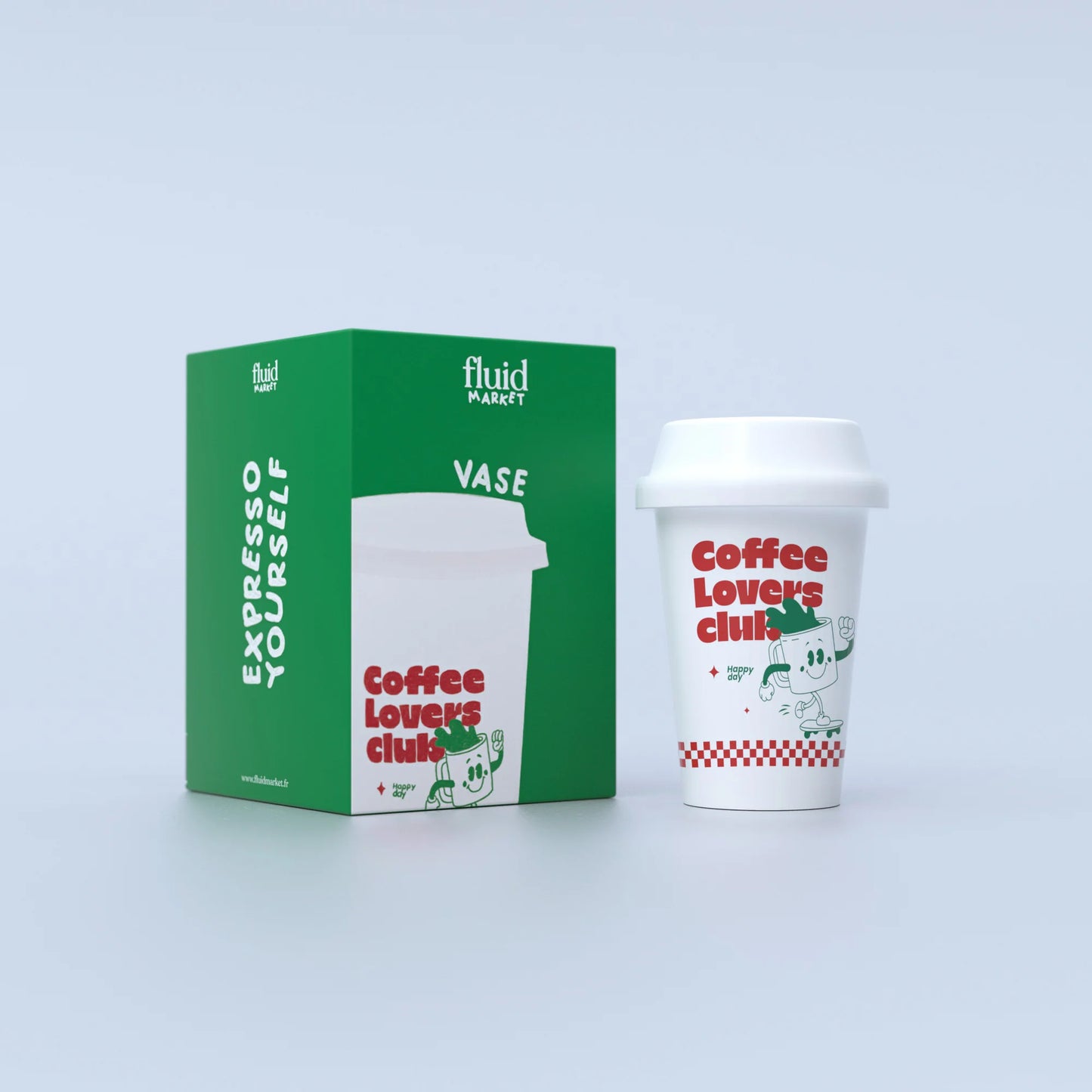 Vase en céramique en forme de tasse à café à emporter en blanc avec des inscriptions rouges et vertes.