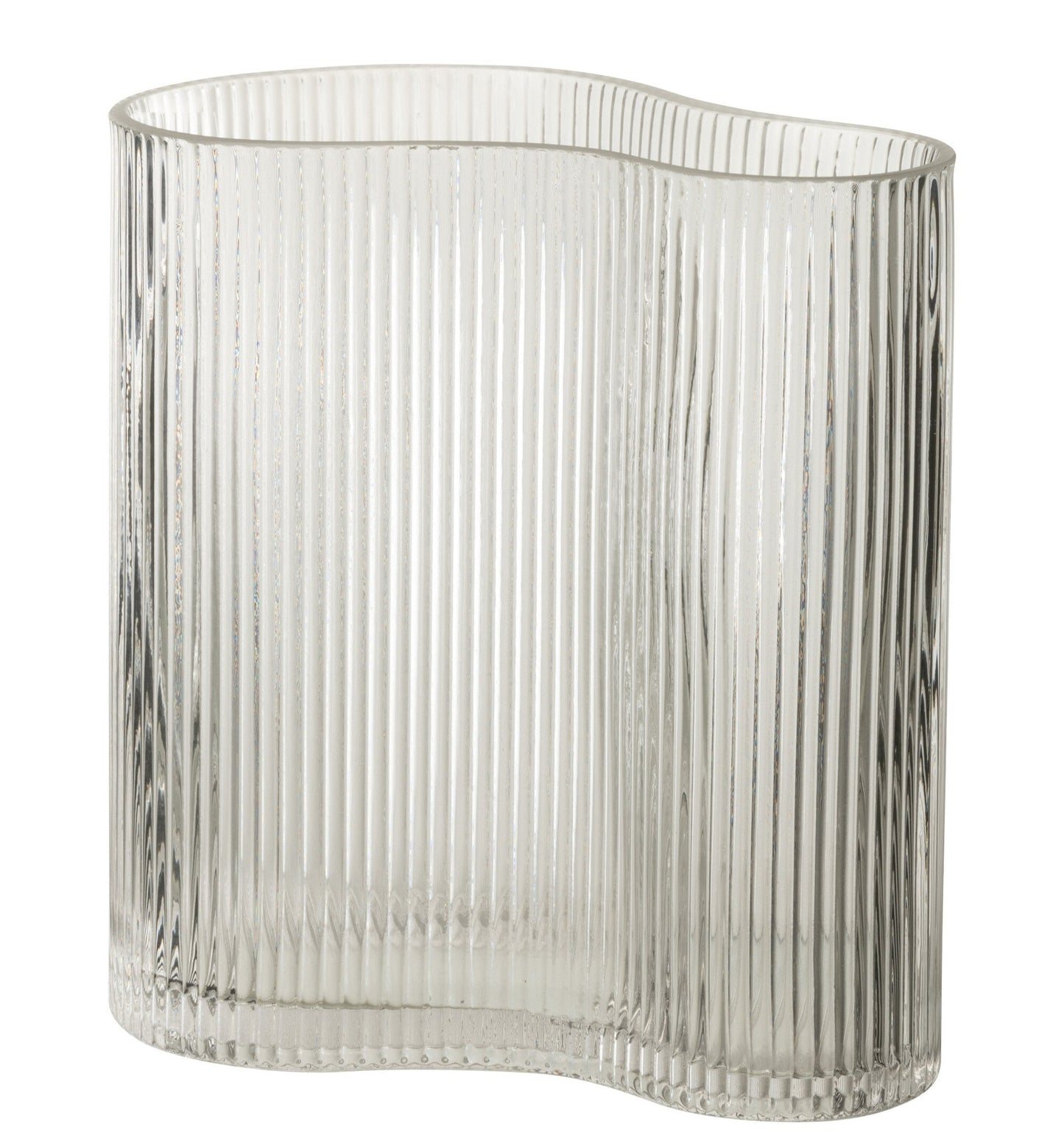 Vase irrégulier en verre strié transparent.