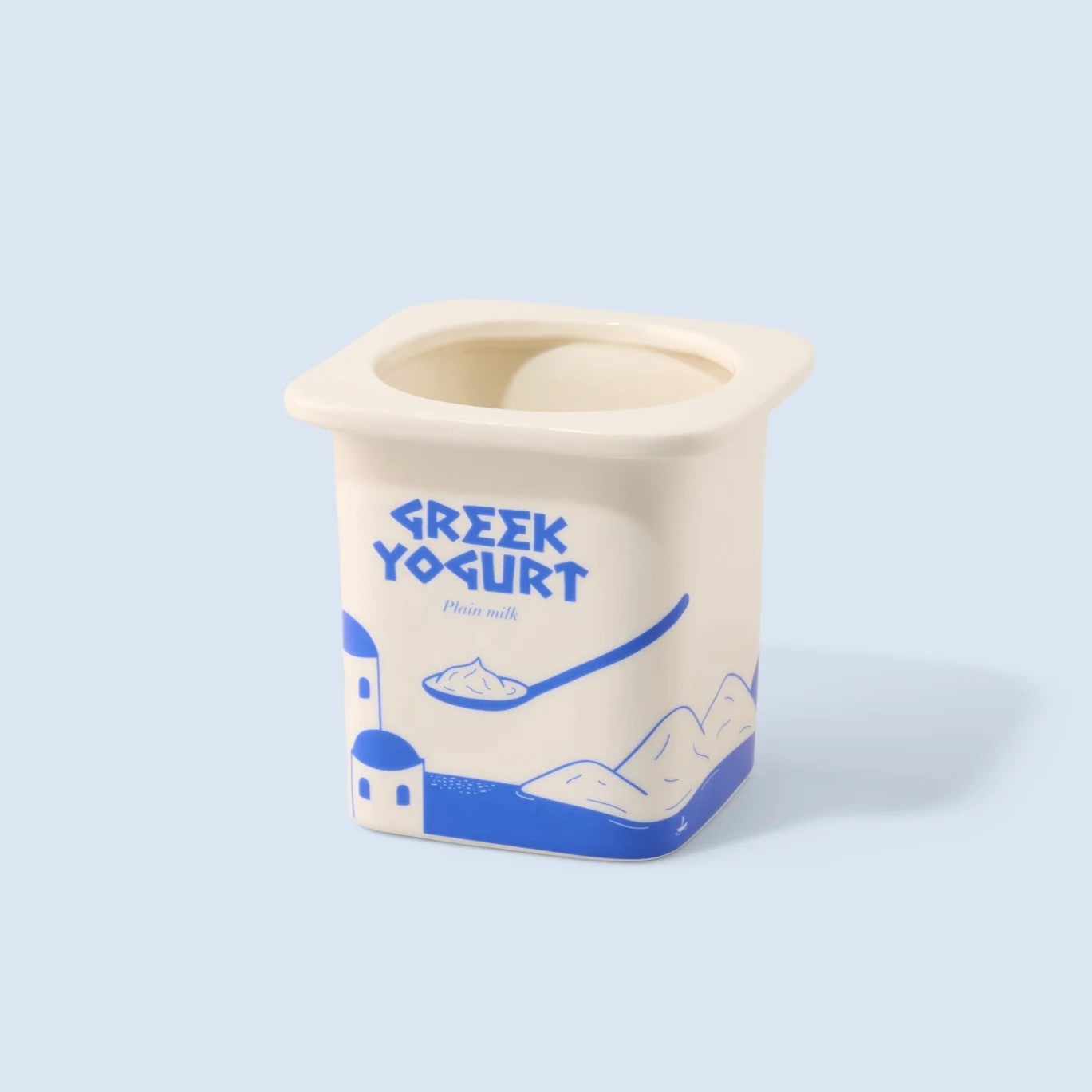Vase en céramique en forme de pot de yaourt grec, coloris bleu.