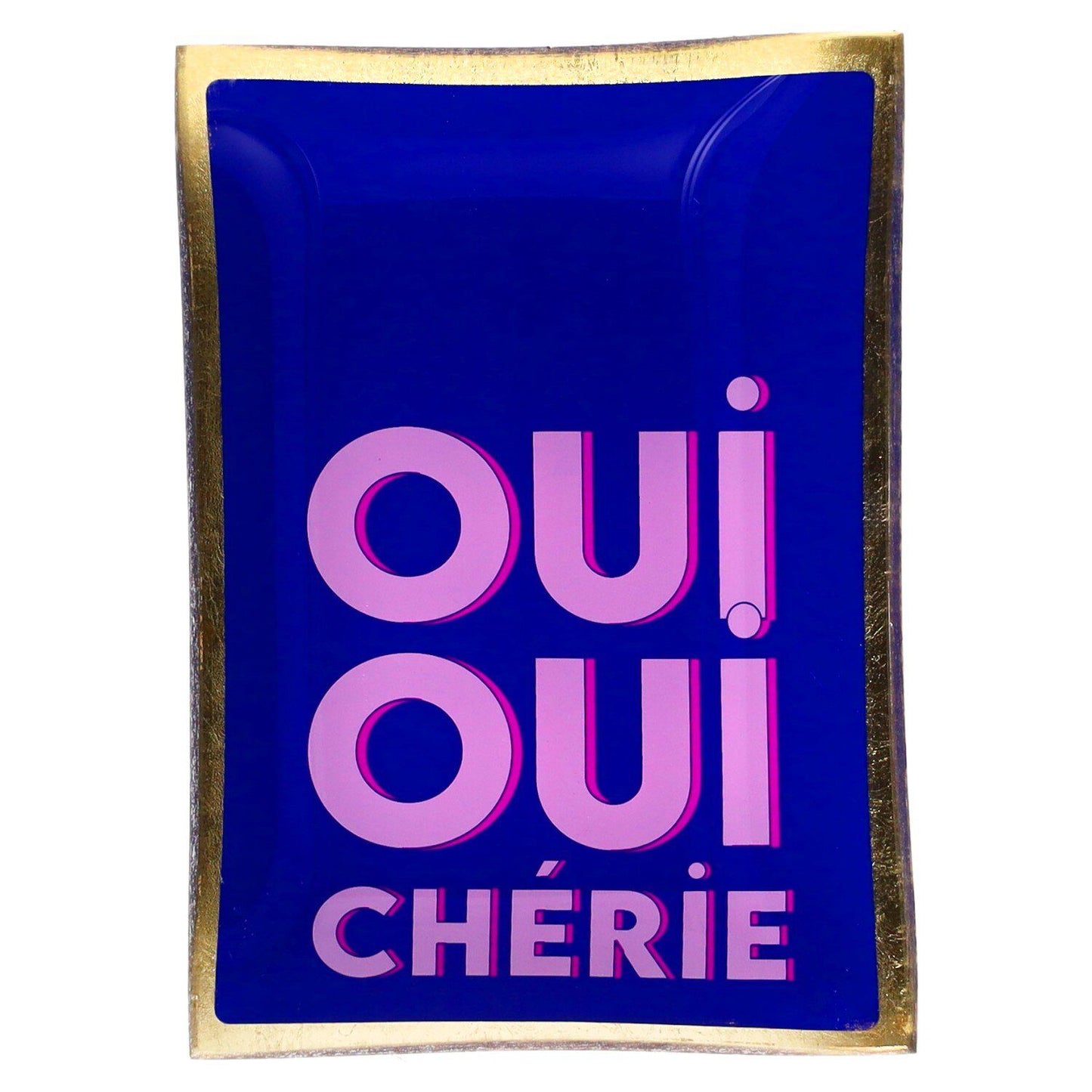 Vide-poche rectangulaire en verre avec message "oui oui chérie" en rose sur fond bleu avec bords dorés.
