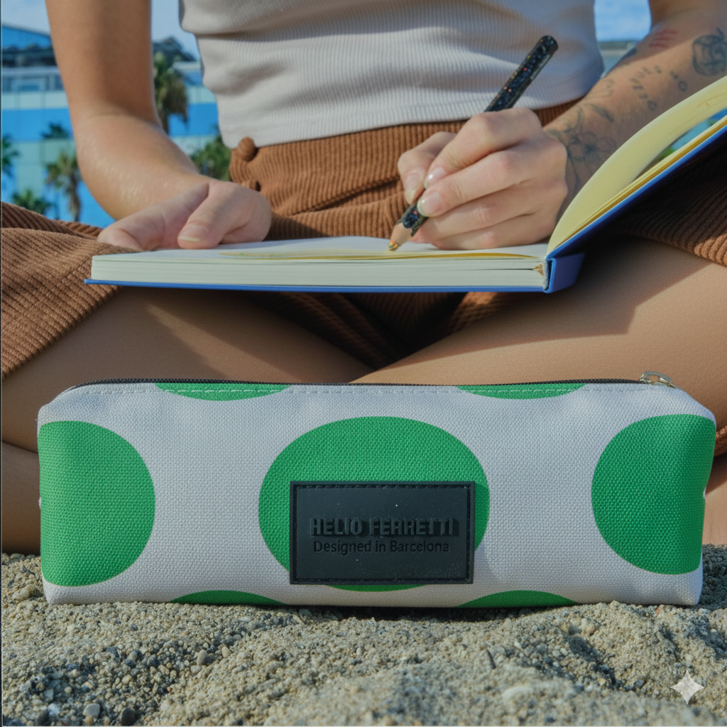 Trousse pour crayon ou maquillage blanche à pois vert