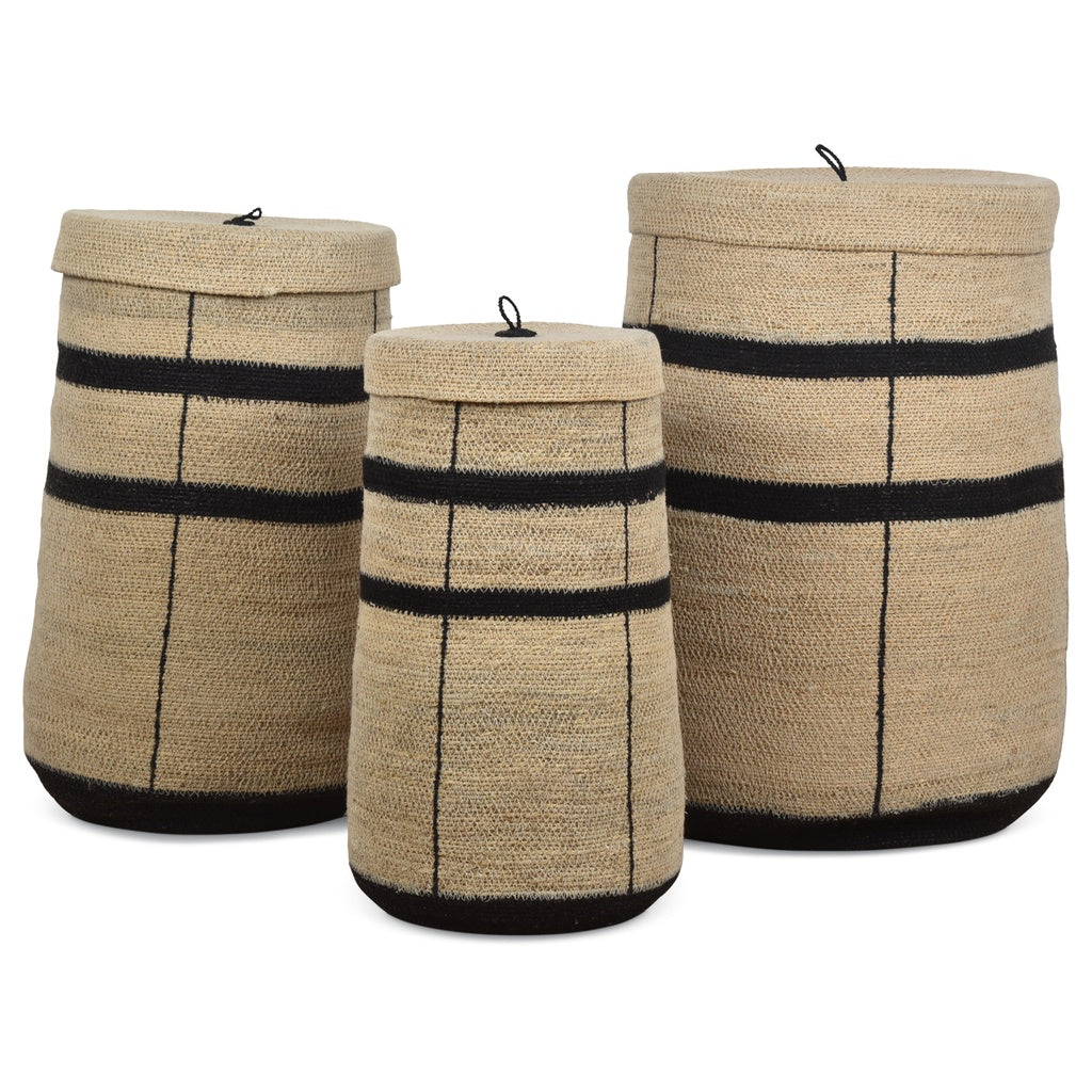 Panier à linge en jonc de mer naturel et noir - Tailles S, M ou L